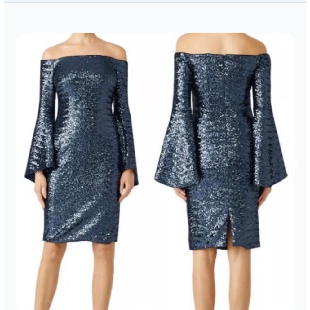 Theia Midnight Blue Sequin off shoulder Sheath Bell Sleeve Cocktail midi Dress 4